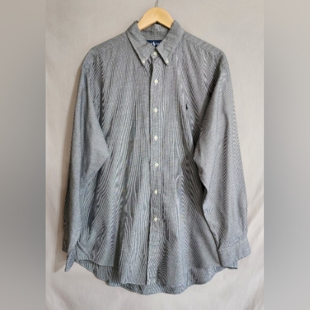Ralph Lauren Yarmouth Mens Button Down Shirt Blue White Houndstooth 16.5 34/35